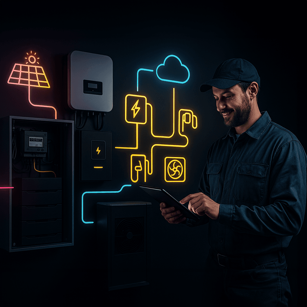 Illustration Energieservice: PV, Speicher, Lasten und Datenplattform